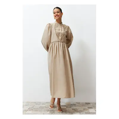 Trendyol Mink High Neck Balloon Sleeve Button and Piping Detailed Woven Dress