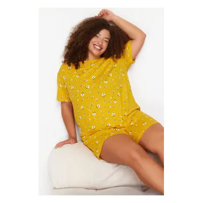 Trendyol Curve Yellow Flower Patterned Knitted Pajama Set