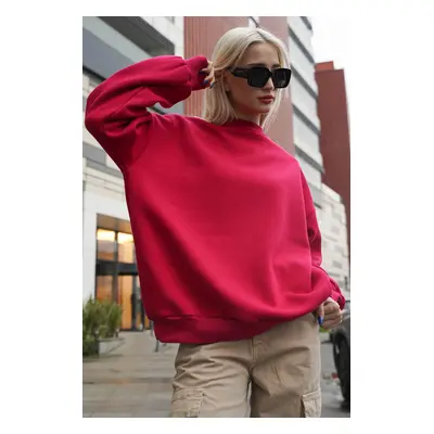 Madmext Fuchsia Crew Neck Basic Sweatshirt