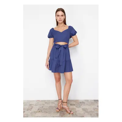 Trendyol Navy Blue Skater/Waist Opening/Cut Out Detailed Checkered Super Mini Woven Dress