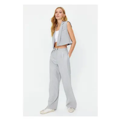 Trendyol Gray Straight Cut Woven Trousers with Belt Detail