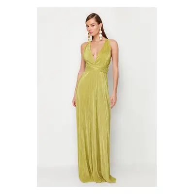 Trendyol Oil Green A-Line Belted Lined Knitted Long Evening Dress