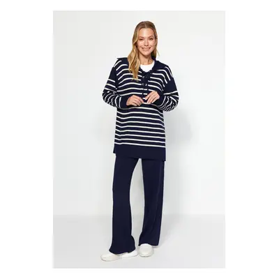 Trendyol Navy Blue Striped Collar Tie Detail Sweater-Trousers Knitwear Two Piece Set