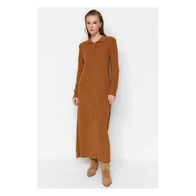 Trendyol Camel Polo Neck Comfort Fit Rib kötöttáru ruha