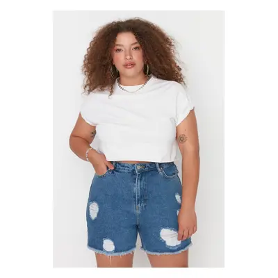 Trendyol Curve Dark Blue High Waist Destroyed Denim Shorts & Bermuda