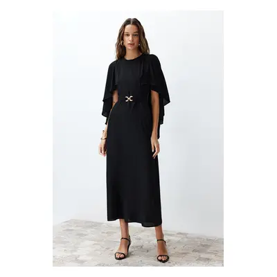 Trendyol Black Belted Cape Detailed Elegant Woven Evening Dress