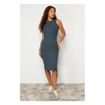 Trendyol Light Anthracite Corded Body-Fitted Crew Neck Flexible Midi Knitted Pencil Dress