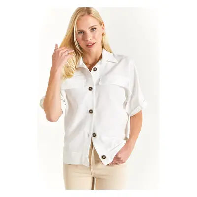 armonika Women's White Bat Sleeve Pocket Detailed Shirt