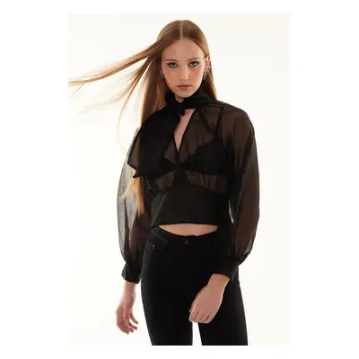 Trendyol Black Crop Sheer Look Woven Blouse