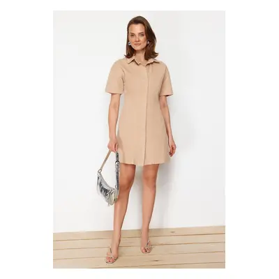 Trendyol Brown Denim Mini Dress with Tan Stitching Detail