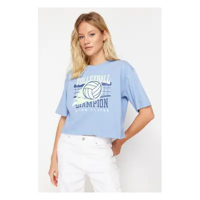 Trendyol Blue Relaxed/Comfortable Pattern Printed Crew Neck Crop Knitted T-Shirt