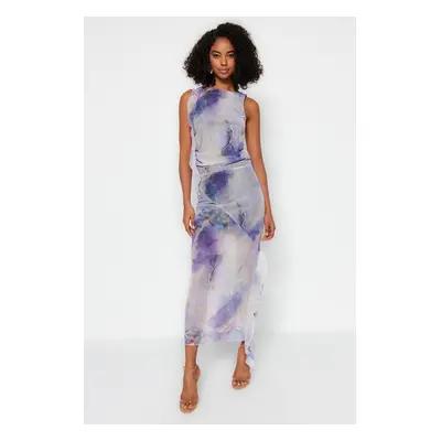 Trendyol Lilac Printed Tulle Slit Detailed Ruffled Midi Stretchy Knitted Skirt