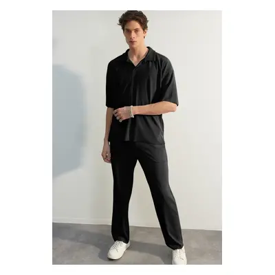 Trendyol Limited Edition Black / Wide Leg Textured Wrinkle-Free Hidden Drawstring Sweatpants