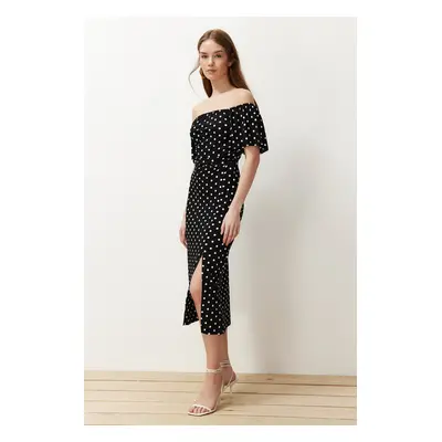 Trendyol Black Polka Dot Polka Dot Carmen Collar Gathered Ribbed Flexible