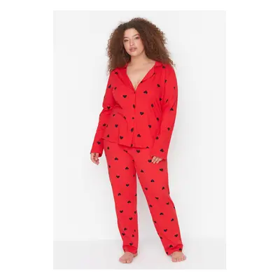 Trendyol Curve Red Heart Shirt Collar Knitted Pajamas Set