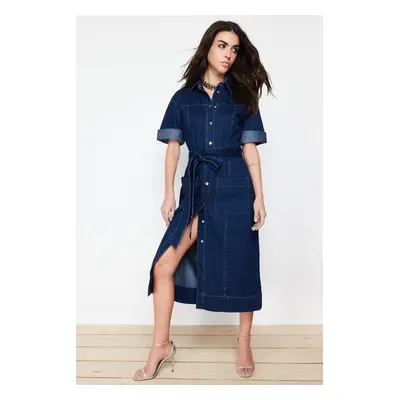 Trendyol Blue Belt Denim Maxi Dress