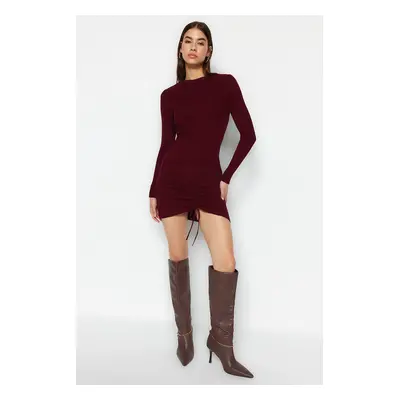 Trendyol Burgundy Mini Knitwear Gathered Detail Dress