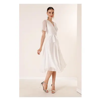 By Saygı Double Breasted Collar Waist Belted Lined Silvery Tulle Dress In Ecru.