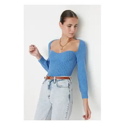 Trendyol Blue Crop szív nyakú kötöttáru pulóver