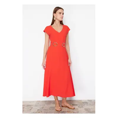 Trendyol Red Belted Midi Crepe Woven Dress with Skirt Opening at the Waist