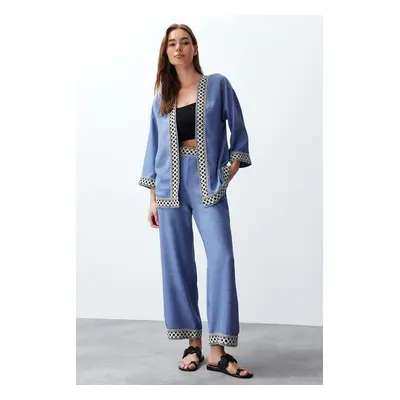 Trendyol Indigo Embroidered Kimono Trousers Woven Bottom-Top Set