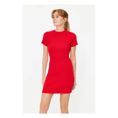 Trendyol Red Body Fitted Short Sleeve Crew Neck Mini Ribbed Stretchy Knitted Pencil Dress