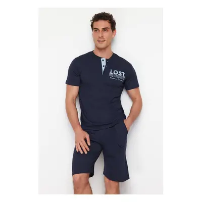 Trendyol Navy Blue Button Collar Regular Fit Pajama Set with Knitted Shorts