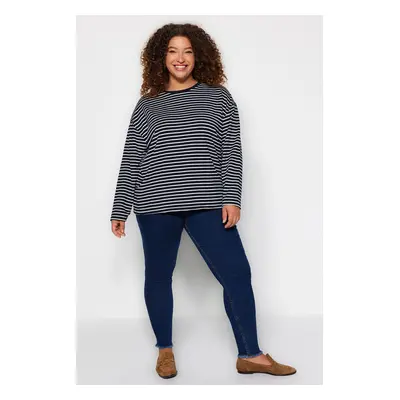 Trendyol Curve Navy Blue Striped Thin Knitted Sweatshirt