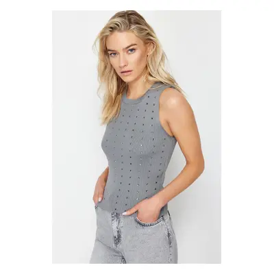 Trendyol Gray Stone Detailed Crew Neck Knitwear Blouse