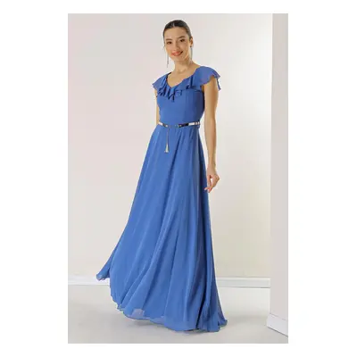 By Saygı Flounce Collar Waist Belt Lined Long Chiffon Dress