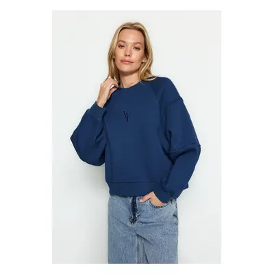 Trendyol Indigo Crew Neck Regular Fit Embroidered Thick Inside Fleece Knitted Sweatshirt