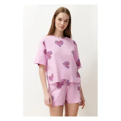 Trendyol Pink-Multicolored 100% Cotton Heart Knitted Pajama Set