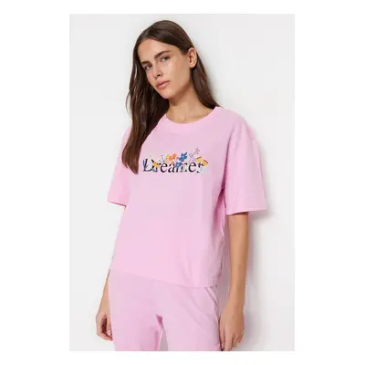 Trendyol Light Pink Cotton Slogan Printed T-shirt-Pants Knitted Pajama Set