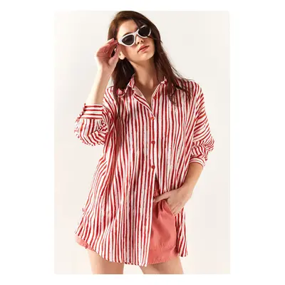 Olalook Women's Orange Asymmetrical Striped Oversized Shirt