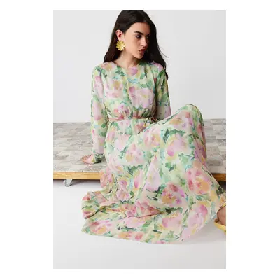 Trendyol Light Green Floral Belt Detailed Lined Pleated Chiffon Woven Dress