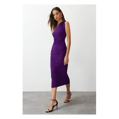 Trendyol Purple One Shoulder Draped Fitted Flexible Knitted Midi Pencil Dress