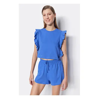 Trendyol Navy Blue 100% Cotton Ruffle T-shirt-Shorts Knitted Pajama Set