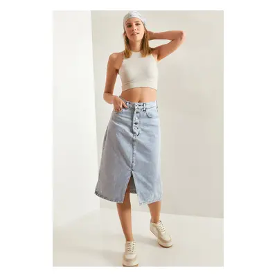 Bianco Lucci Women's Buttoned Straight Slit Denim Skirt