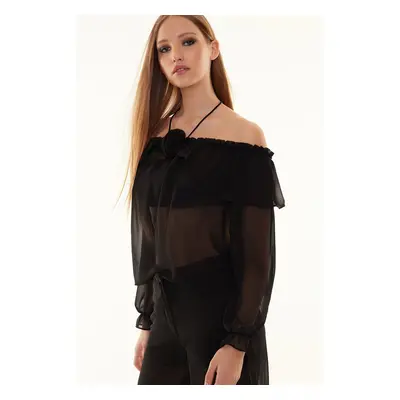 Trendyol Black Unlined Flounce Rose Detailed Woven Chiffon Blouse