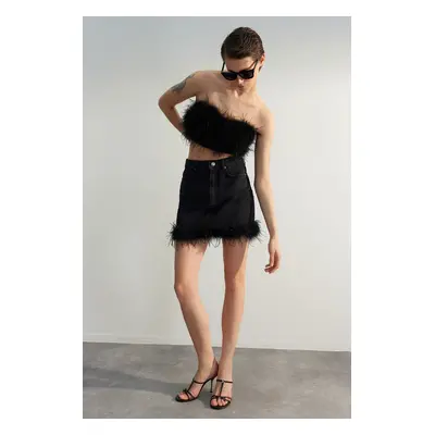 Trendyol Limited Edition Black Feather Detailed Mini Denim Skirt