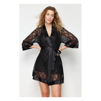 Trendyol Black Belted Satin Band Detailed Lace Knitted Dressing Gown