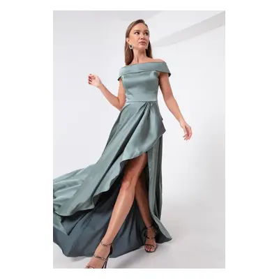 Lafaba Women's Turquoise Boat Neck Satin Evening Dress & Prom Dress