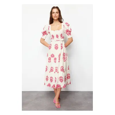 Trendyol Pink Patterned Square Neck Linen Look Belted Midi Woven Dress