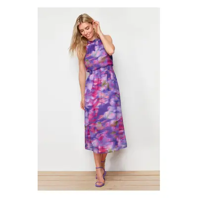 Trendyol Purple Floral Print A-line Chiffon Lined Maxi Woven Dress