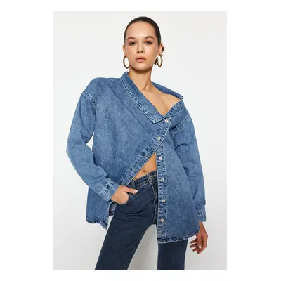 Trendyol Blue Asymmetric Collar Detailed Denim Shirt