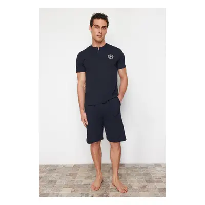 Trendyol Navy Blue Buttoned Collar Regular Fit Pajamas Set with Knitted Shorts