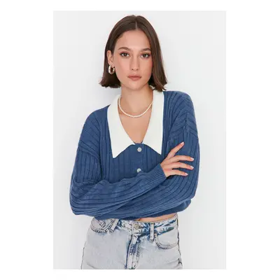 Trendyol Indigó Crop Bordázott kötöttáru Cardigan