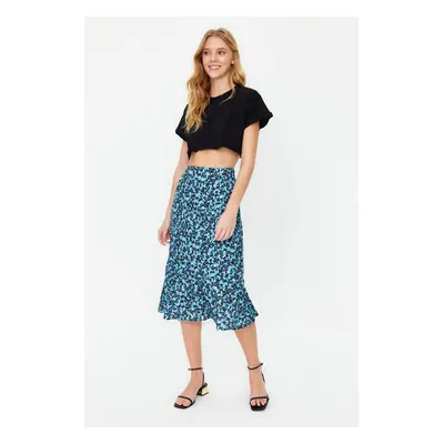 Trendyol Blue Flounce Viscose Fabric Animal Pattern Midi Woven Skirt