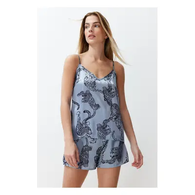 Trendyol Blue Animal Patterned Rope Strap Satin Woven Pajama Set