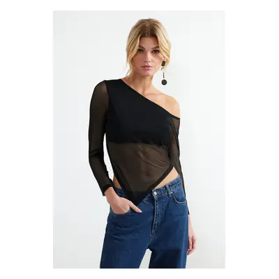 Trendyol Black Asymmetric Tulle Back Sheer Knitted Blouse